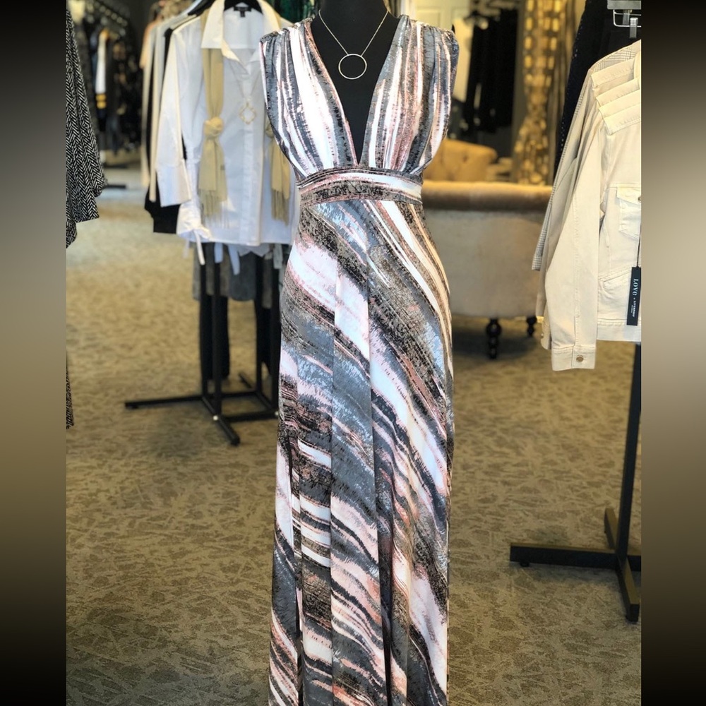 Anthropologie Abstract Marble Maxi Dress | Plunge Neck | Soft Stretch Low Back